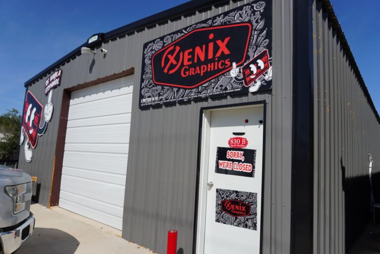 Xenix Graphics building sign at the shop in Dumas, TX