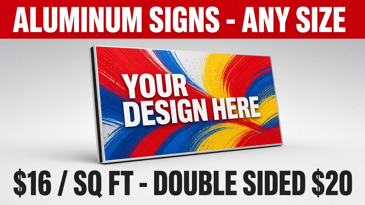 Custom aluminum signs, $16 per sq ft, double-sided $20