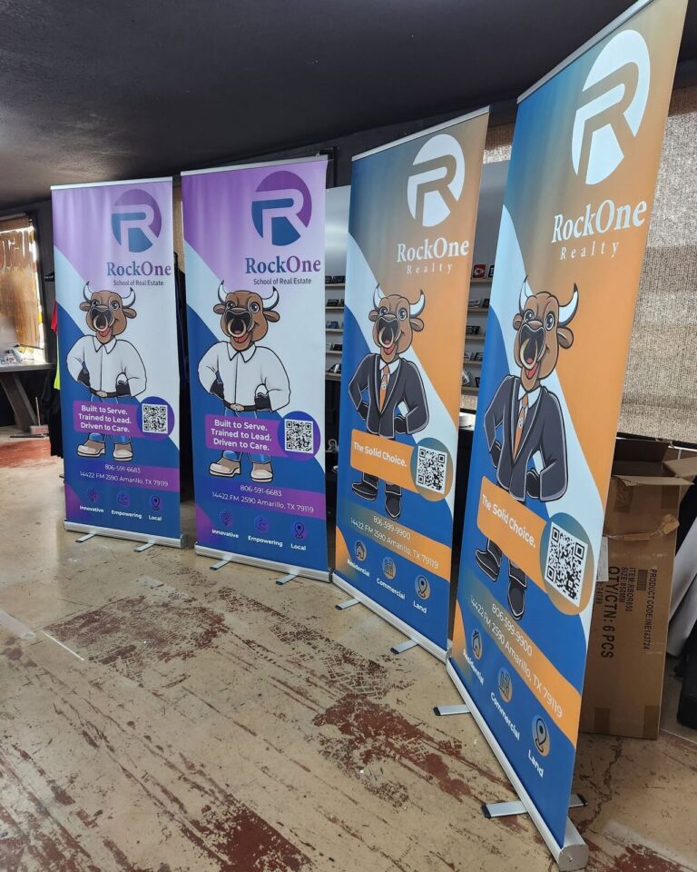 Four retractable banner stands with buffalo mascot graphics printed by Xenix Graphics