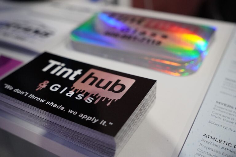 Tint Hub Glass business cards, including holographic cards, printed by Xenix Graphics