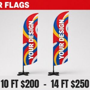 Feather flags, 10 ft $200, 14 ft $250