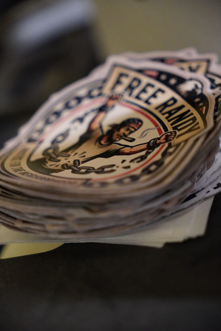 Stack of Free Randy die-cut stickers printed by Xenix Graphics