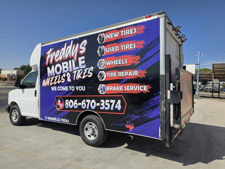 Box truck wrap for Freddy's Mobile Wheels & Tires in Amarillo, made by Xenix Graphics