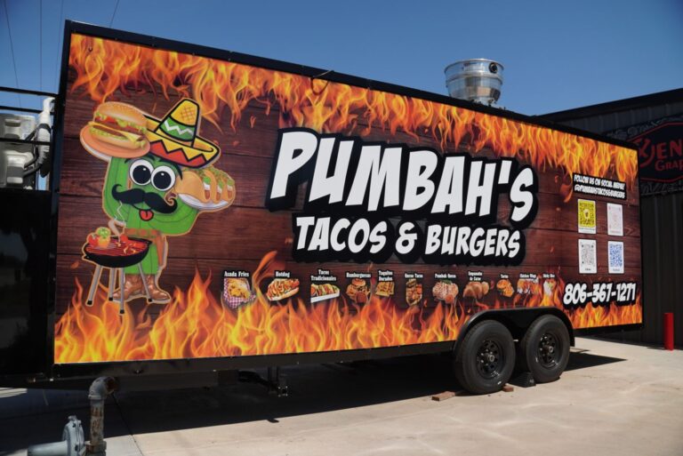 Pumbah's Tacos & Burgers food trailer wrap, made by Xenix Graphics