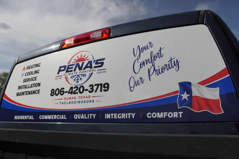 Pena's Climate Control printed perforated vinyl on a truck back window in Dumas, TX, by Xenix Graphics